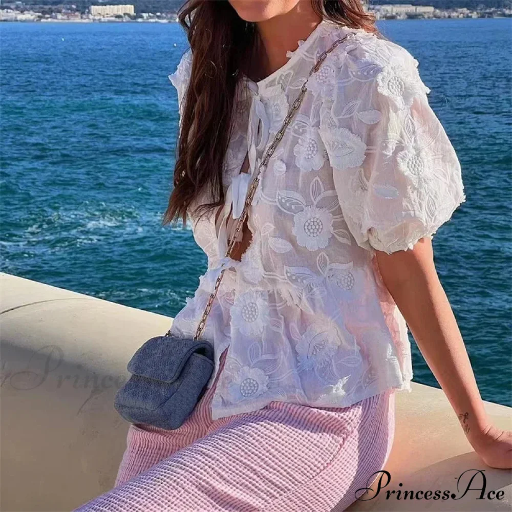 Botanical Stitching Puff Short Sleeve Blouse - Image 6