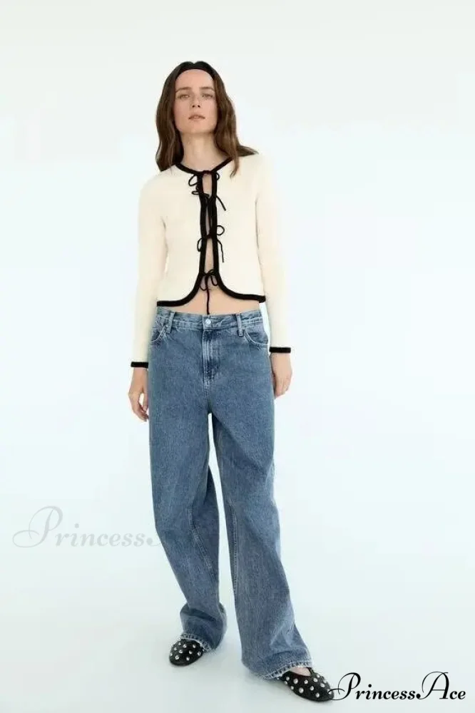 Bow Cravat Plunging Neckline Long Sleeve Cardigan - Image 2