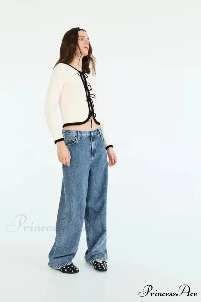 Bow Cravat Plunging Neckline Long Sleeve Cardigan - Image 3