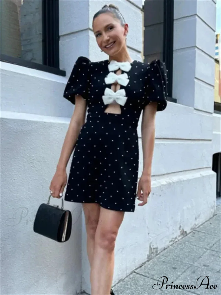 Bow Hollow-Out Patchwork Petite Dress - Image 2