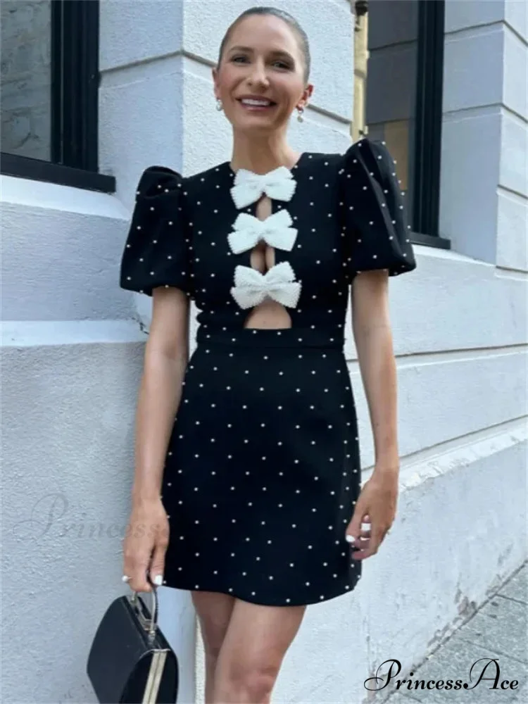 Bow Hollow-Out Patchwork Petite Dress - Image 3