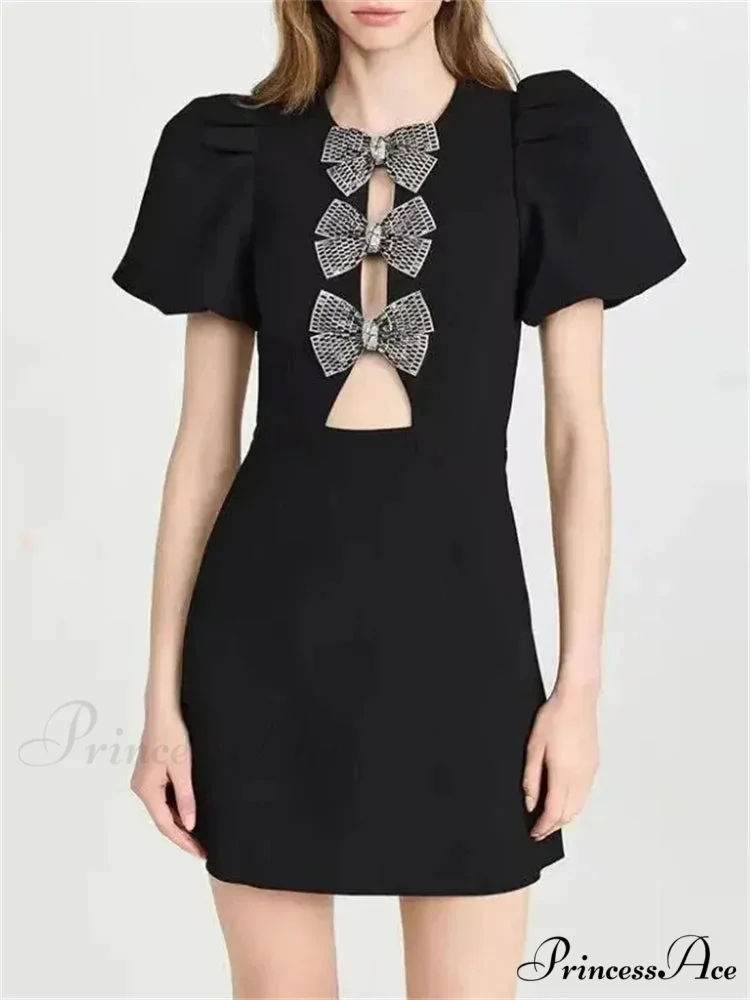 Bow Hollow-Out Patchwork Petite Dress - Image 7