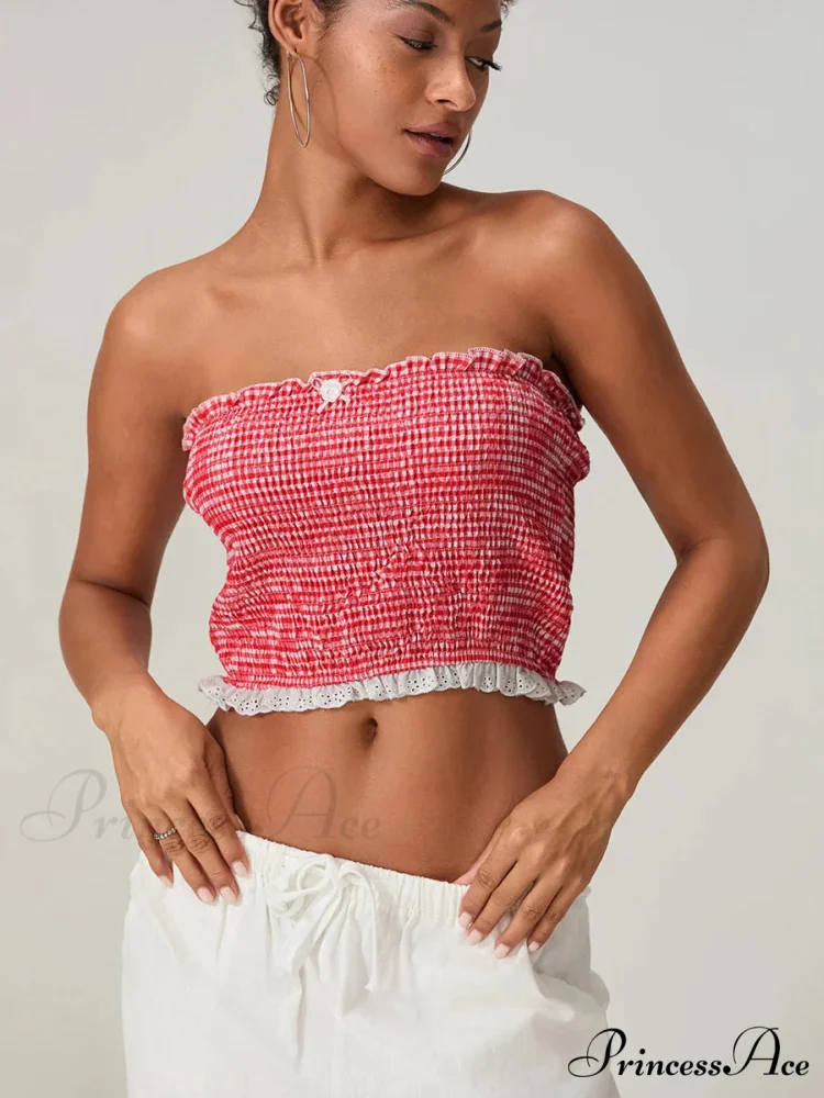 Bow Lace Gathered Sleeveless Open-Back Cropped Bandeau Top - Image 2