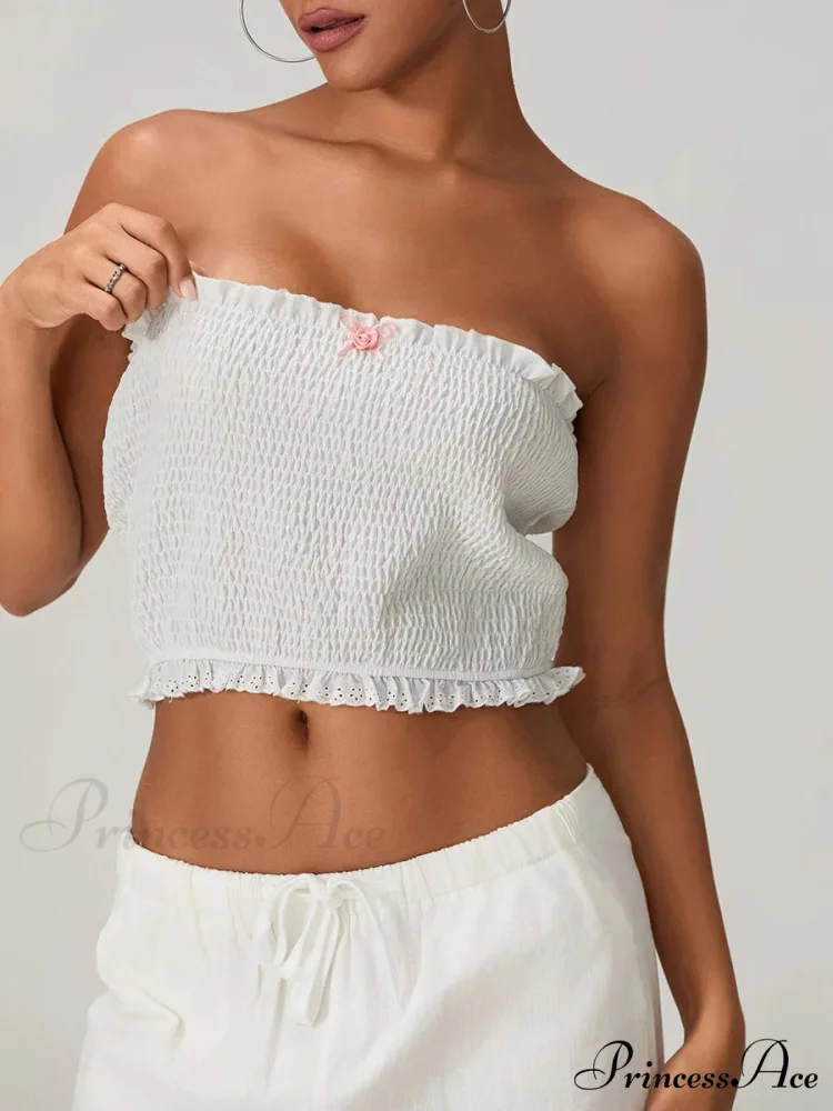 Bow Lace Gathered Sleeveless Open-Back Cropped Bandeau Top - Image 3