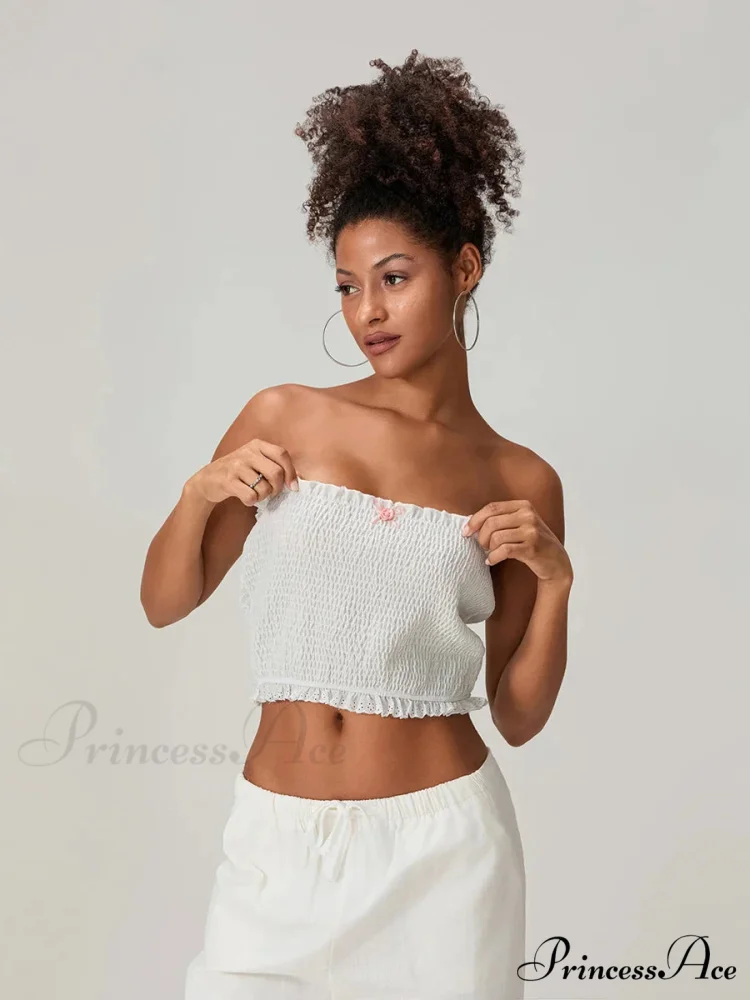 Bow Lace Gathered Sleeveless Open-Back Cropped Bandeau Top - Image 4