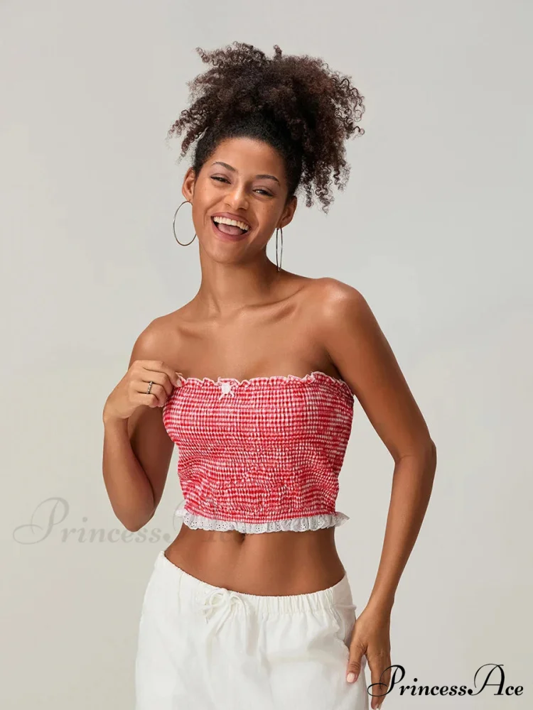 Bow Lace Gathered Sleeveless Open-Back Cropped Bandeau Top - Image 5