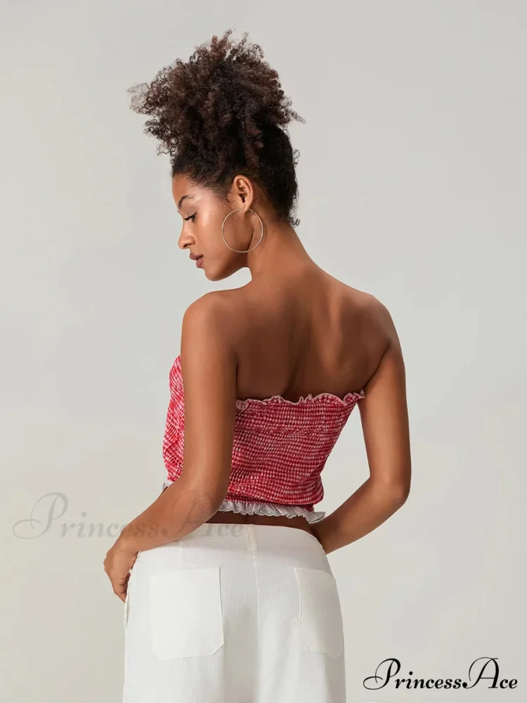 Bow Lace Gathered Sleeveless Open-Back Cropped Bandeau Top - Image 6
