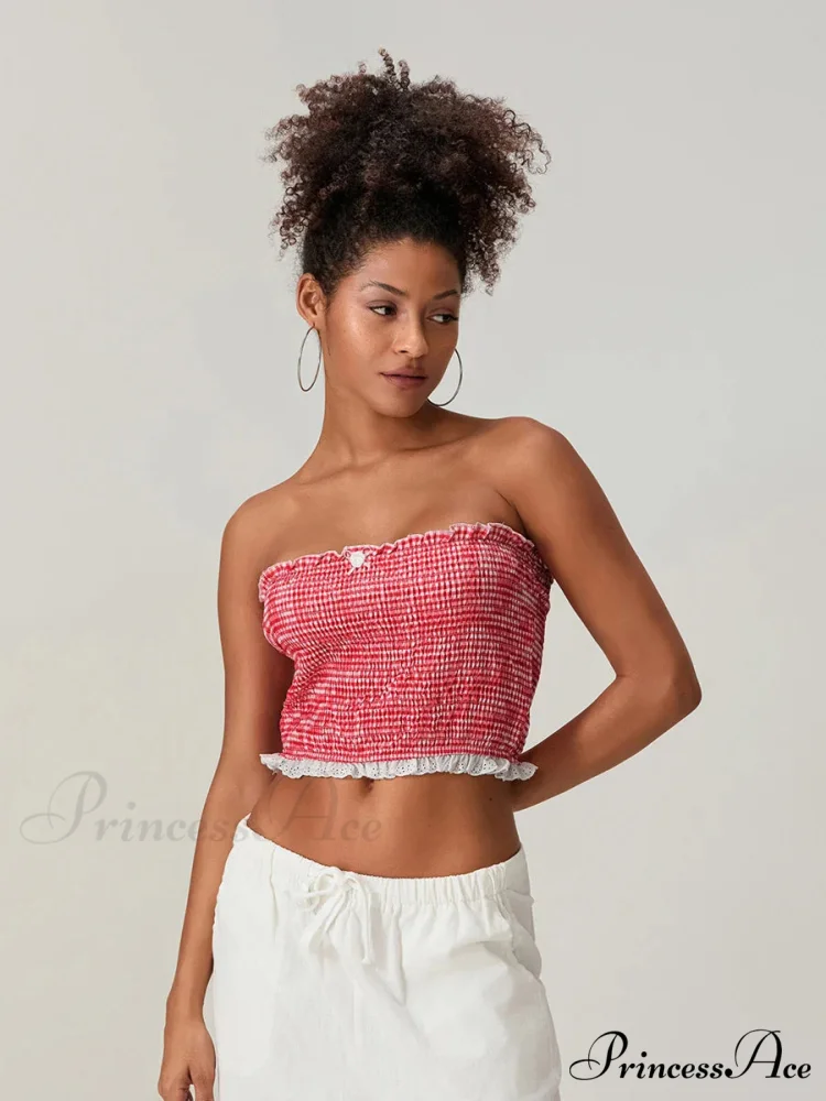 Bow Lace Gathered Sleeveless Open-Back Cropped Bandeau Top - Image 7
