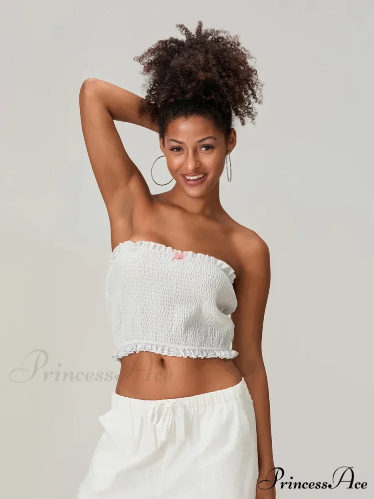 Bow Lace Gathered Sleeveless Open-Back Cropped Bandeau Top - Image 8