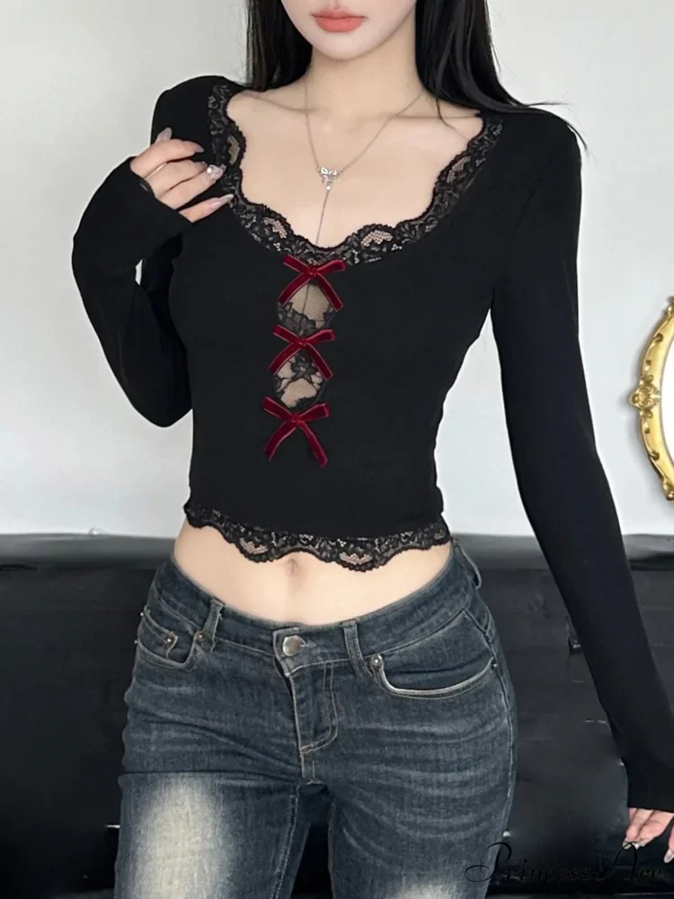 Bow Lace Trim Hollow Out Slim V-Neck Cropped Long Sleeve Knit Top

Modified Title: Ribbon Lace Trim Pierced Slim V-Neck Cropped Long Sleeve Knit Top - Image 2