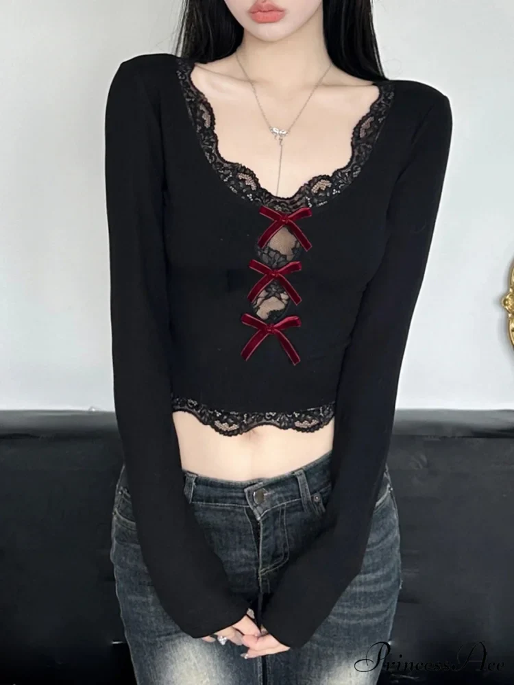Bow Lace Trim Hollow Out Slim V-Neck Cropped Long Sleeve Knit Top

Modified Title: Ribbon Lace Trim Pierced Slim V-Neck Cropped Long Sleeve Knit Top - Image 4