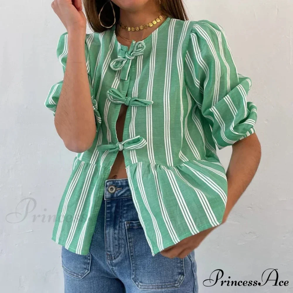 Bowknot Front Hollow Out Retro Frills Puff Sleeve Sophisticated Sweet Y2K Crop Top - Image 3