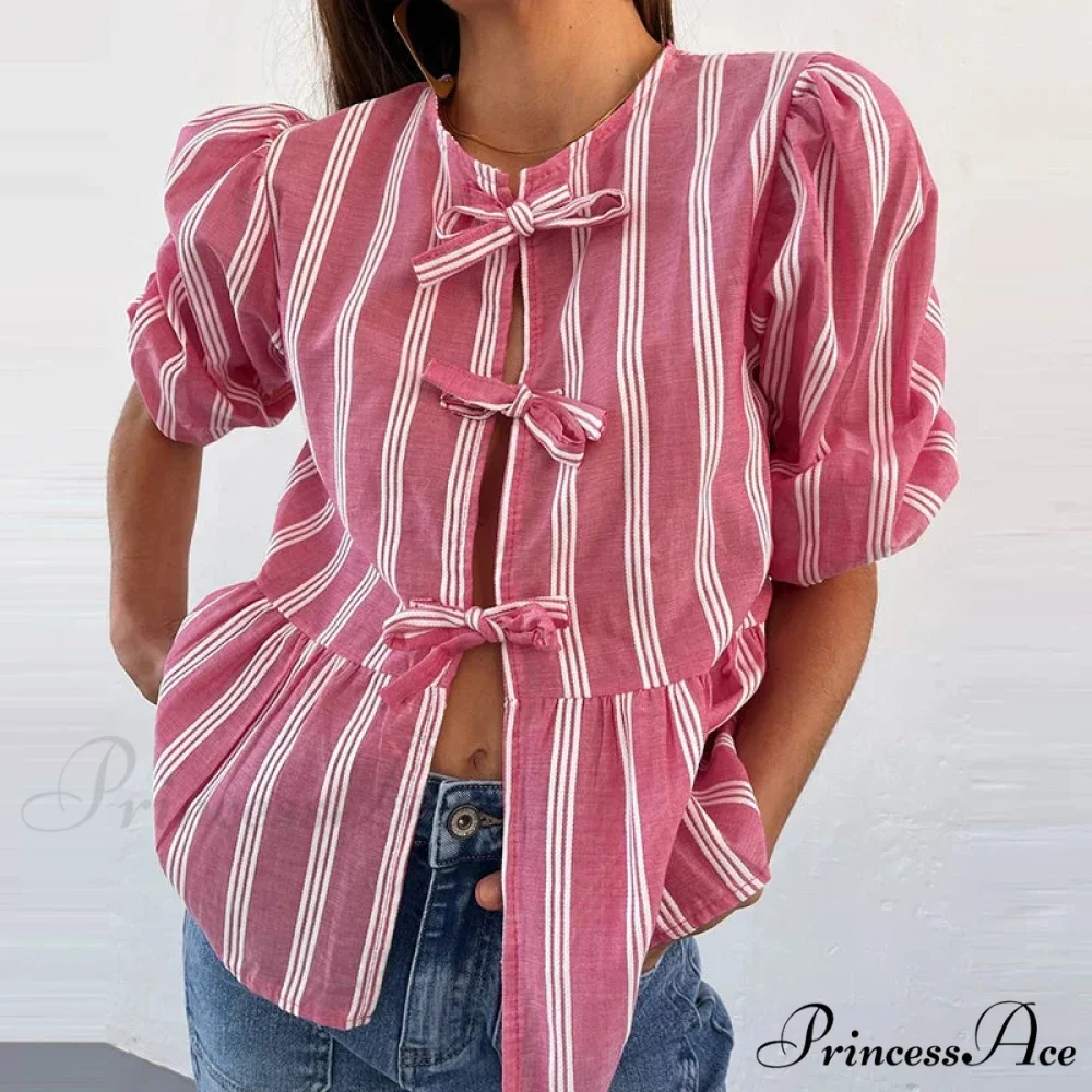 Bowknot Front Hollow Out Retro Frills Puff Sleeve Sophisticated Sweet Y2K Crop Top - Image 4