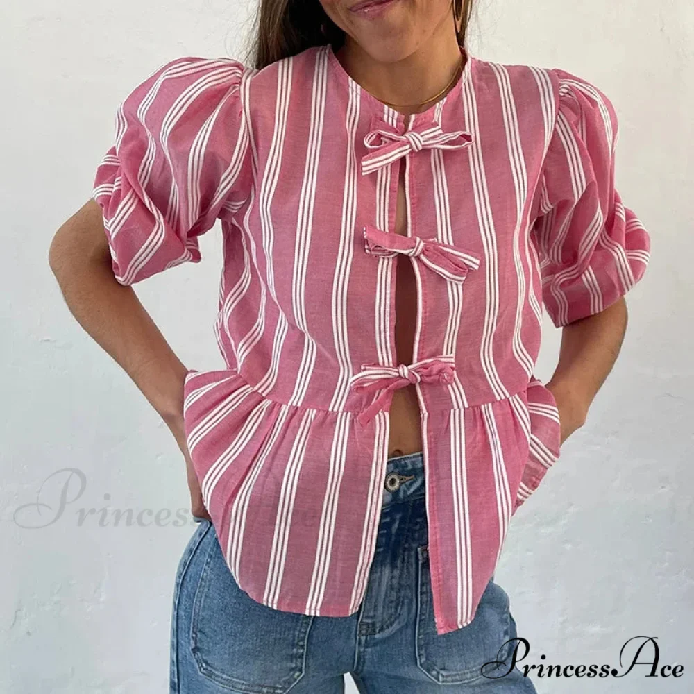 Bowknot Front Hollow Out Retro Frills Puff Sleeve Sophisticated Sweet Y2K Crop Top - Image 5