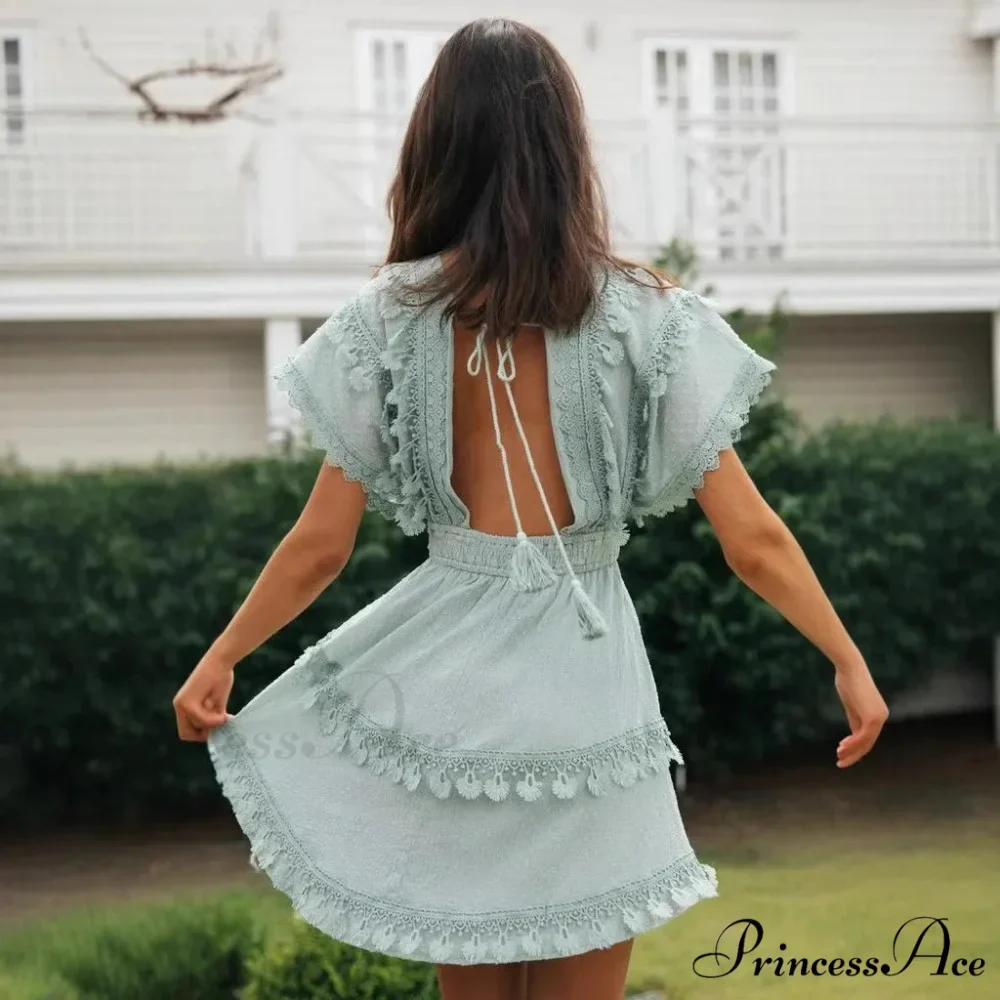 Brief Batwing Sleeve Lace Open Back Low-cut Mini Boho Dress - Image 2