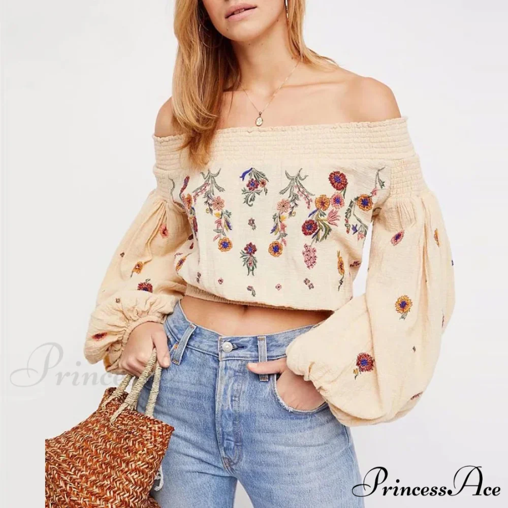 Brief Flower Stitching Off-Shoulder Bohemian Crop Blouse - Image 2