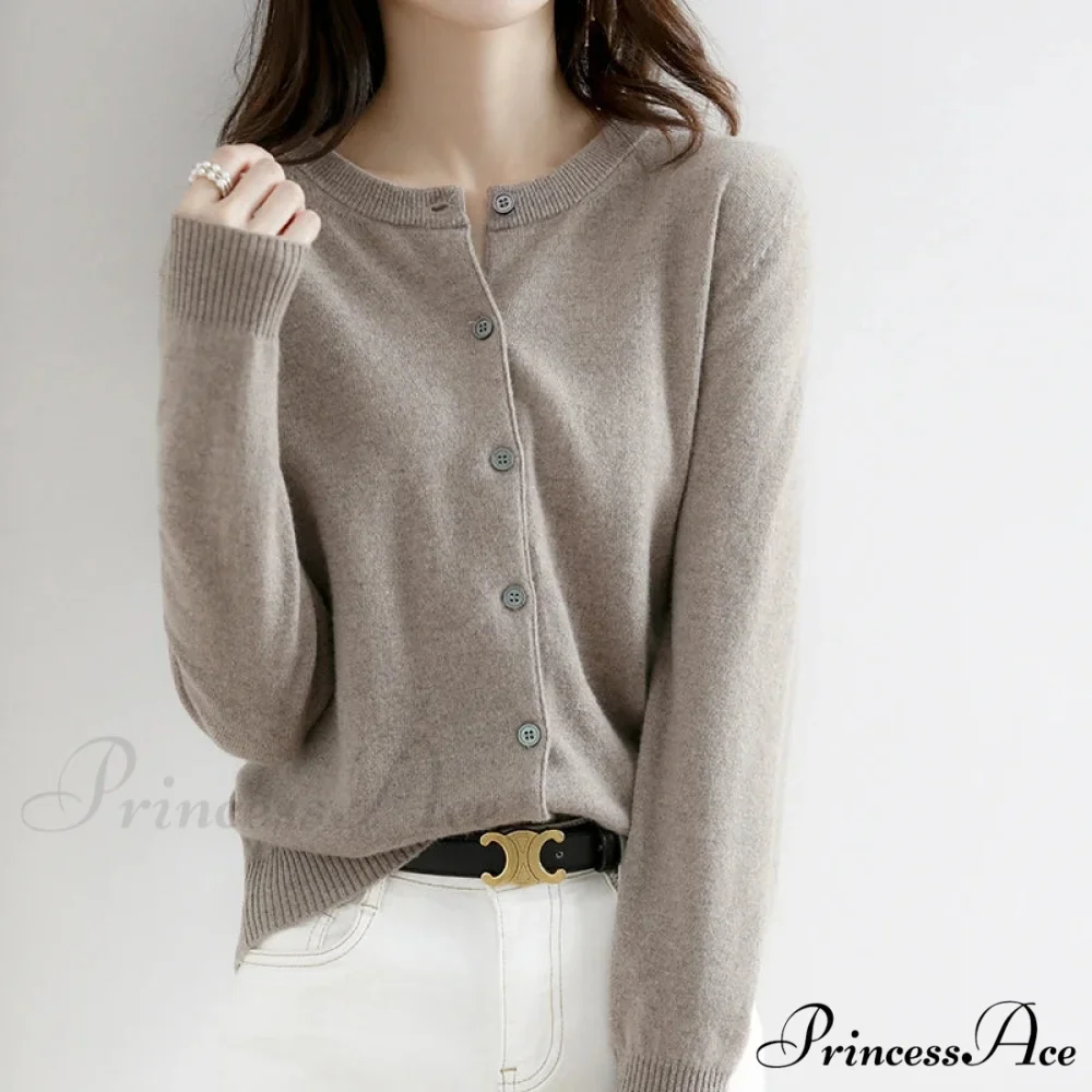 Brief Thin Circular Neck One Buttoned Gold Tan Knitted Cardigan - Image 10