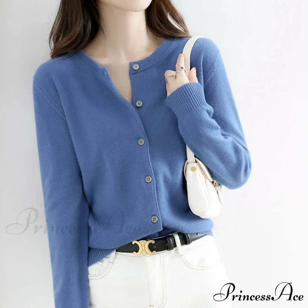 Brief Thin Circular Neck One Buttoned Gold Tan Knitted Cardigan - Image 11