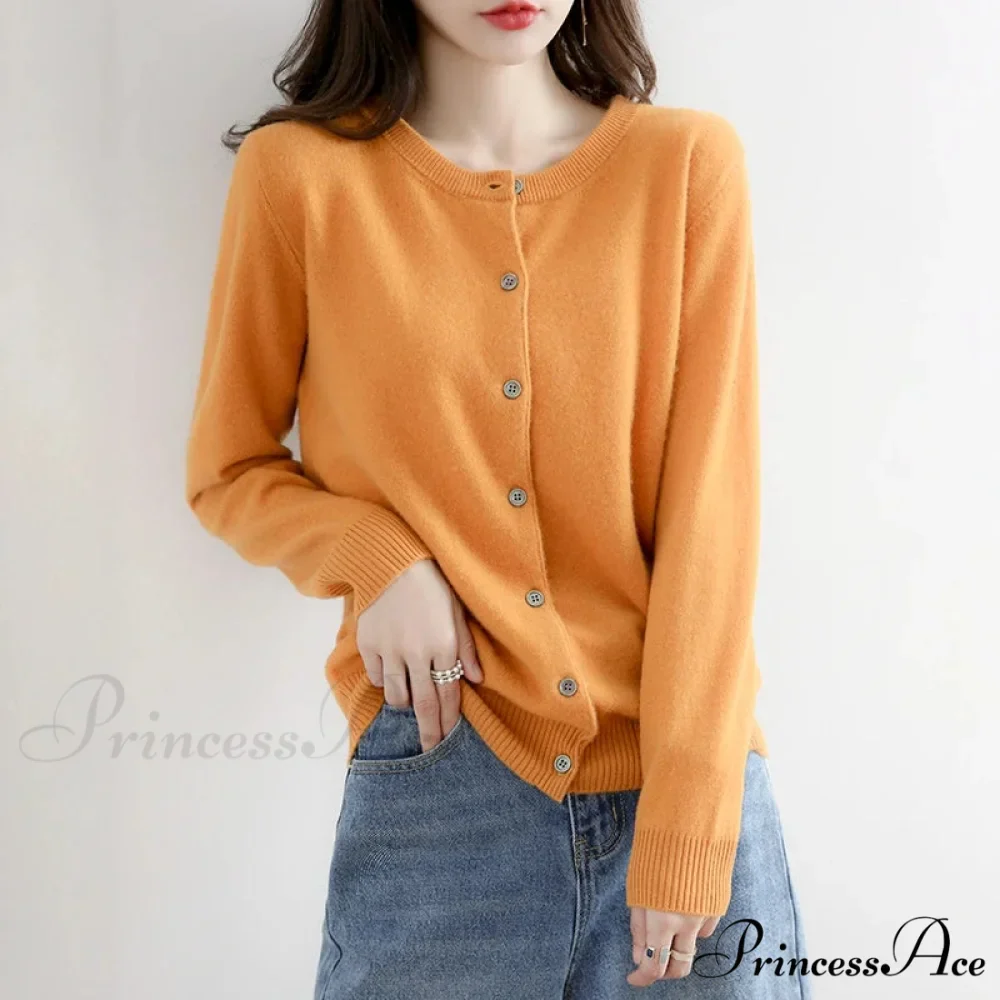Brief Thin Circular Neck One Buttoned Gold Tan Knitted Cardigan - Image 12