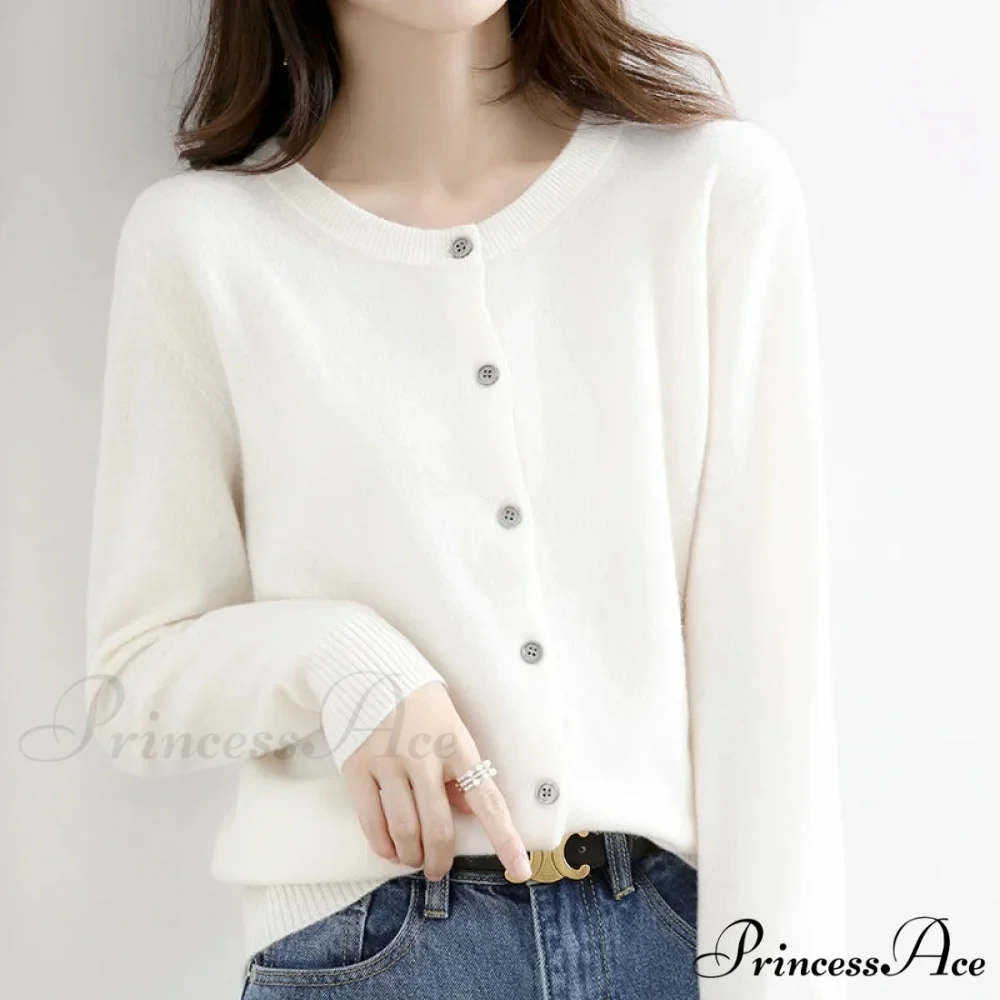 Brief Thin Circular Neck One Buttoned Gold Tan Knitted Cardigan - Image 3