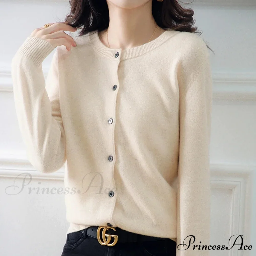 Brief Thin Circular Neck One Buttoned Gold Tan Knitted Cardigan - Image 6