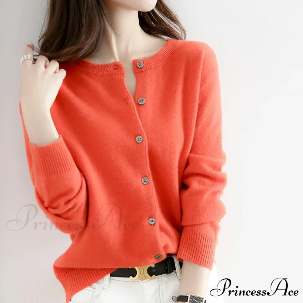 Brief Thin Circular Neck One Buttoned Gold Tan Knitted Cardigan - Image 7