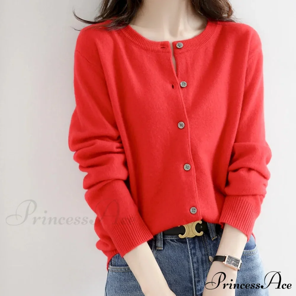 Brief Thin Circular Neck One Buttoned Gold Tan Knitted Cardigan - Image 8