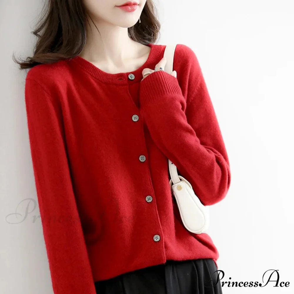 Brief Thin Circular Neck One Buttoned Gold Tan Knitted Cardigan - Image 9