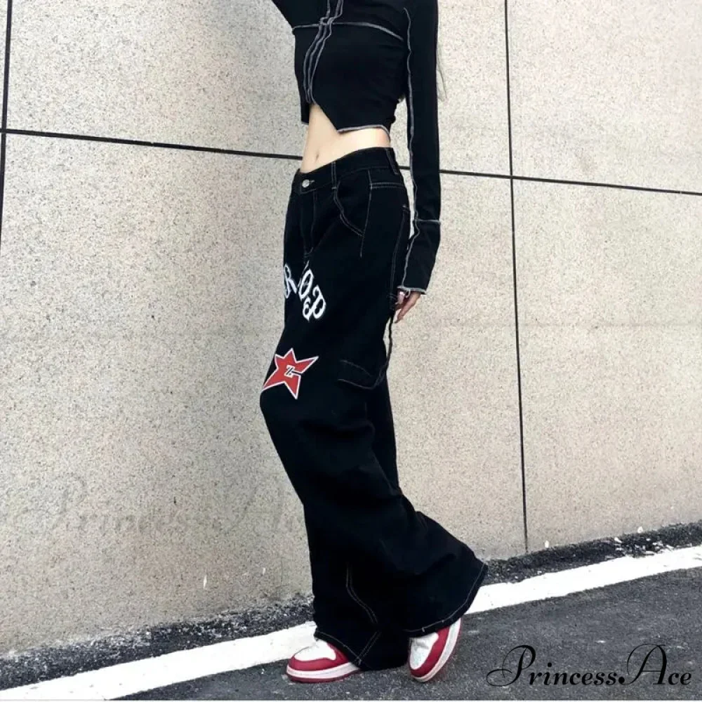 Broad Leg Celestial Body Letter Print Denim Trousers - Image 2