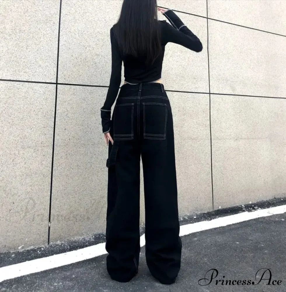 Broad Leg Celestial Body Letter Print Denim Trousers - Image 3
