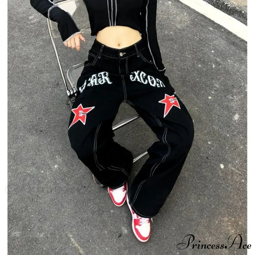 Broad Leg Celestial Body Letter Print Denim Trousers - Image 4