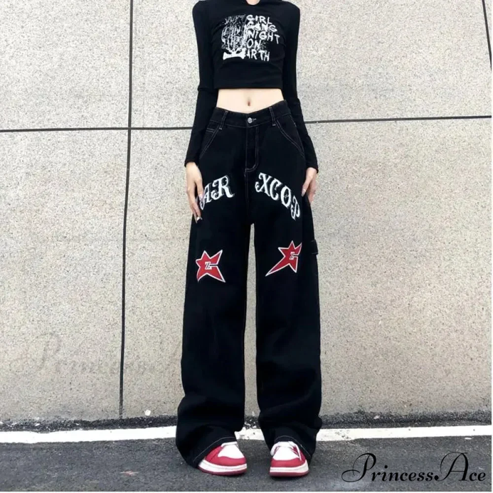 Broad Leg Celestial Body Letter Print Denim Trousers - Image 5