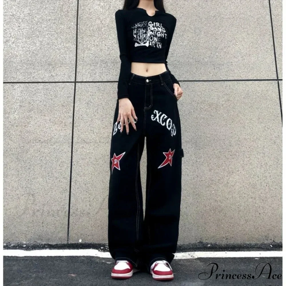 Broad Leg Celestial Body Letter Print Denim Trousers - Image 6