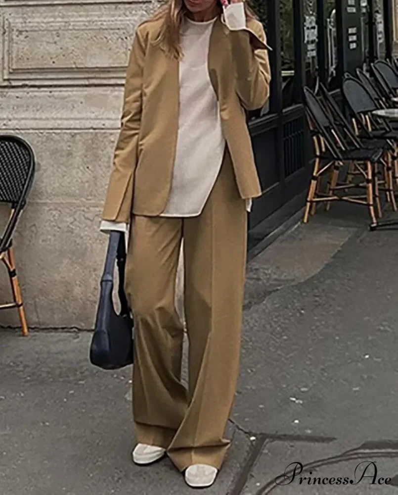 Brown Basic Blouse Pants Workplace Two Piece Ensemble