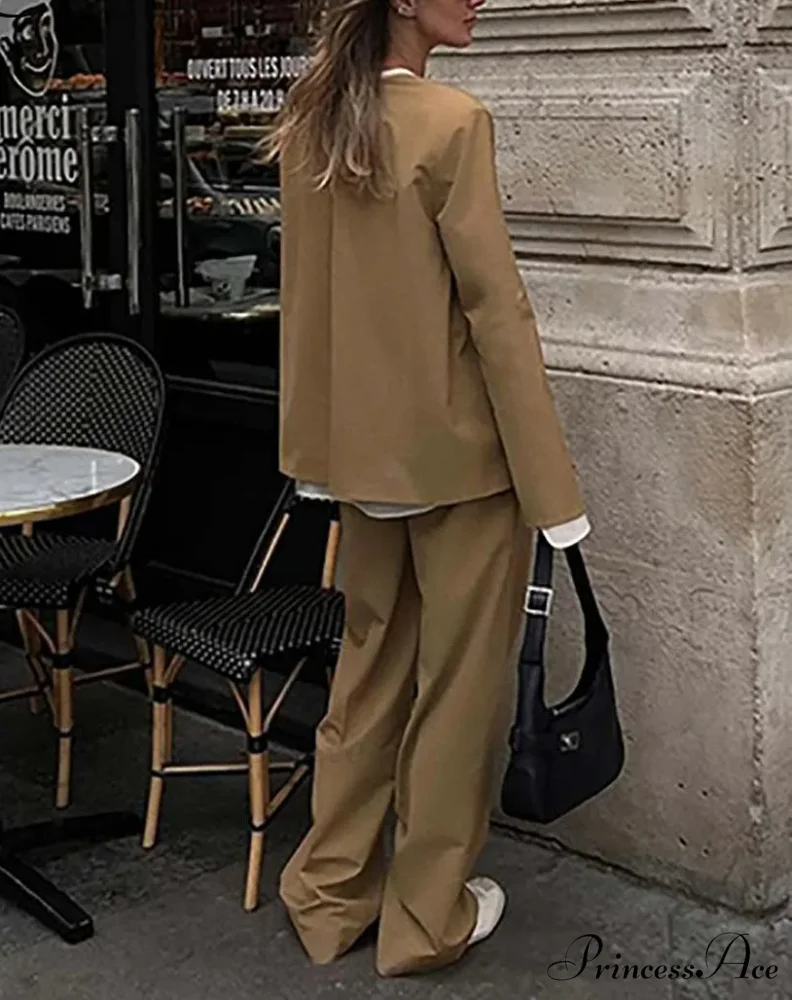 Brown Basic Blouse Pants Workplace Two Piece Ensemble - Image 2