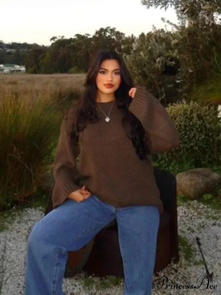 Brown Circular Neck Baggy Simple Jumper - Image 5