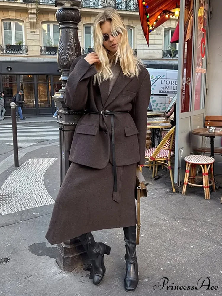 Brown Collar Blazer Cinched Wool Coat - Image 2