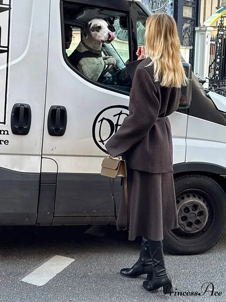 Brown Collar Blazer Cinched Wool Coat - Image 4