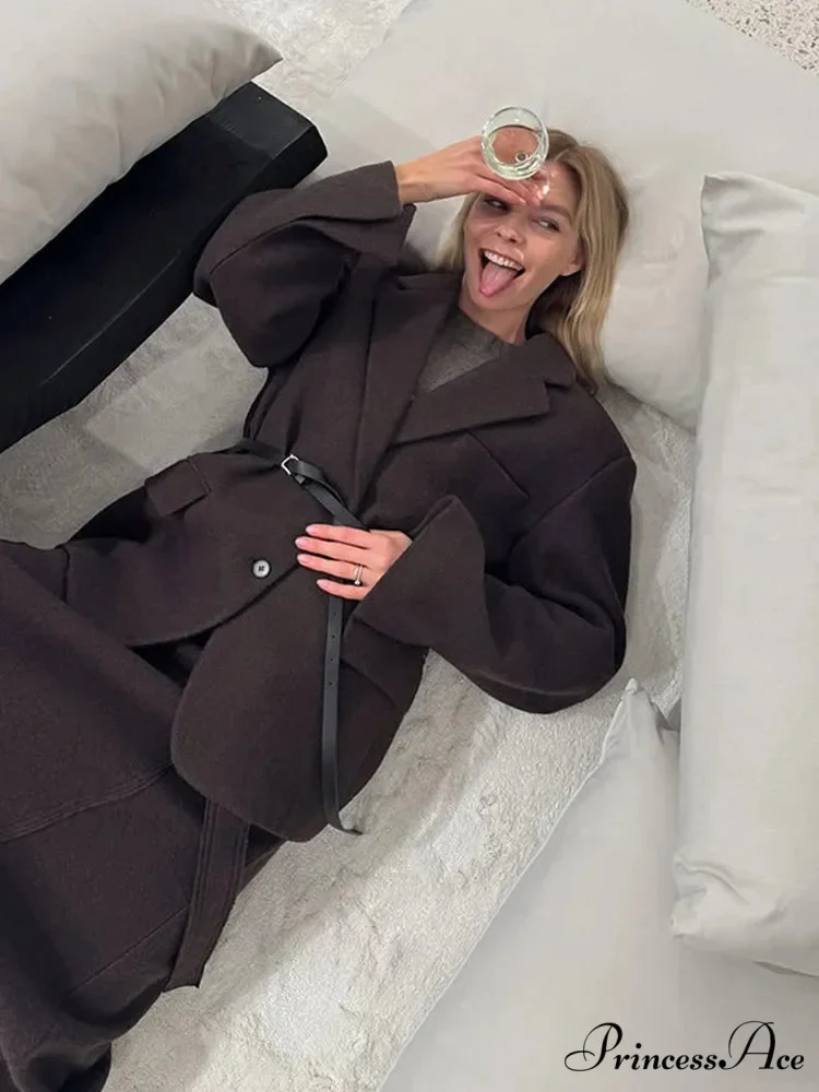 Brown Collar Blazer Cinched Wool Coat - Image 6