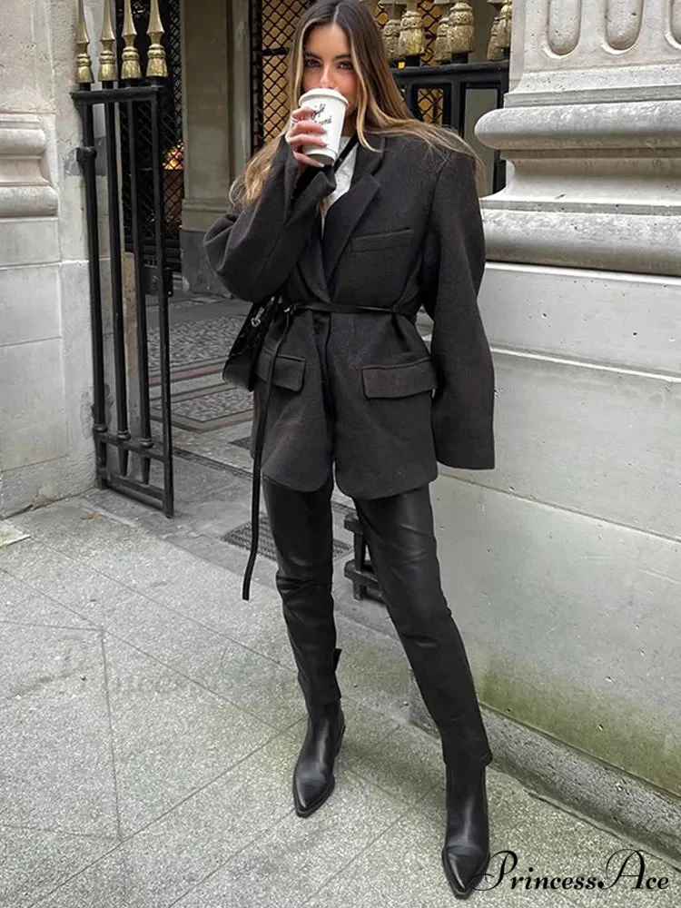 Brown Collar Blazer Cinched Wool Coat - Image 7