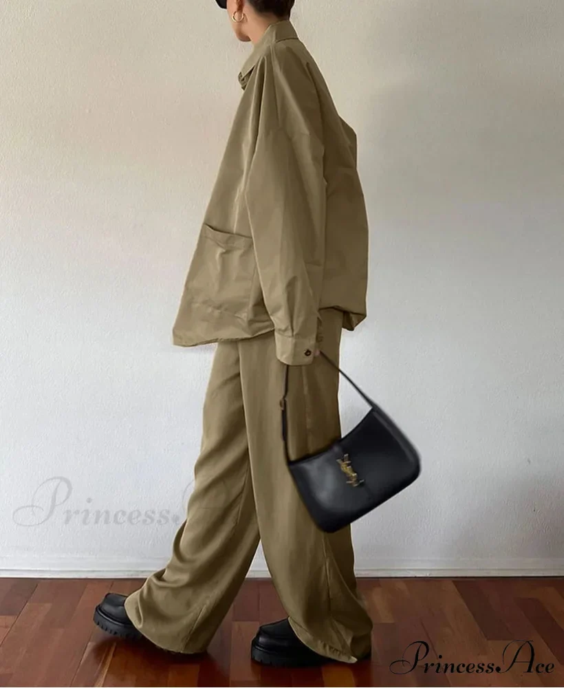 Brown Cotton Tall Waist Pants Office Two Piece Set - Image 2