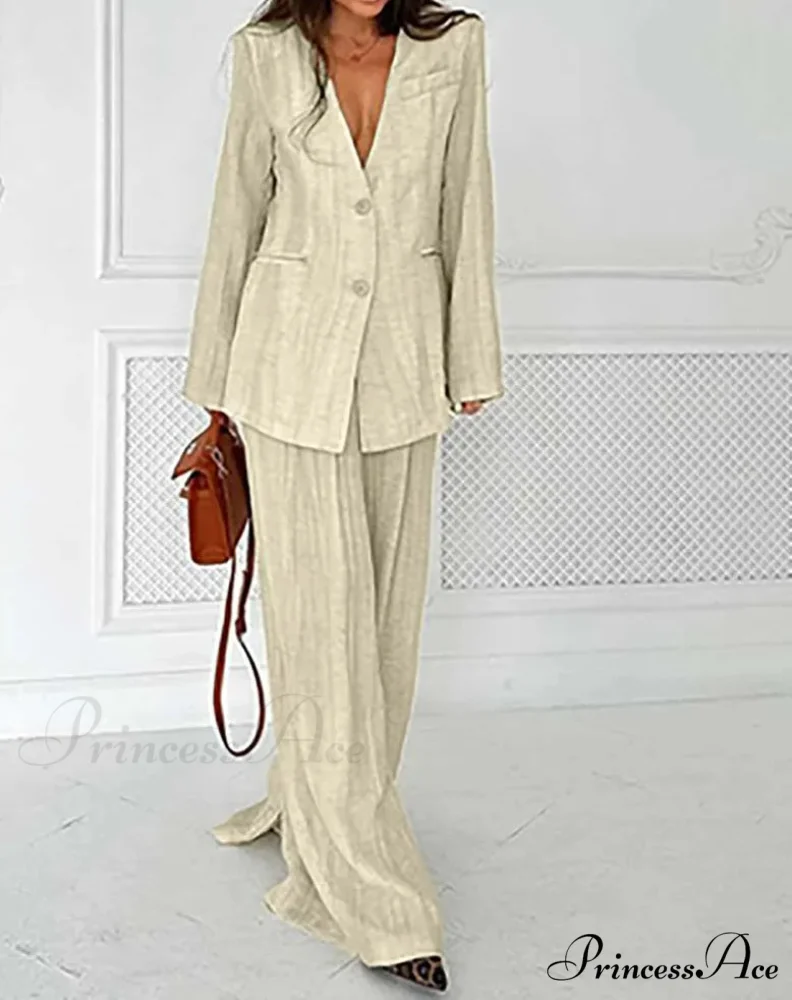 Brown Deep Plunging Neckline Baggy Pants Workplace Two Piece Set - Image 2