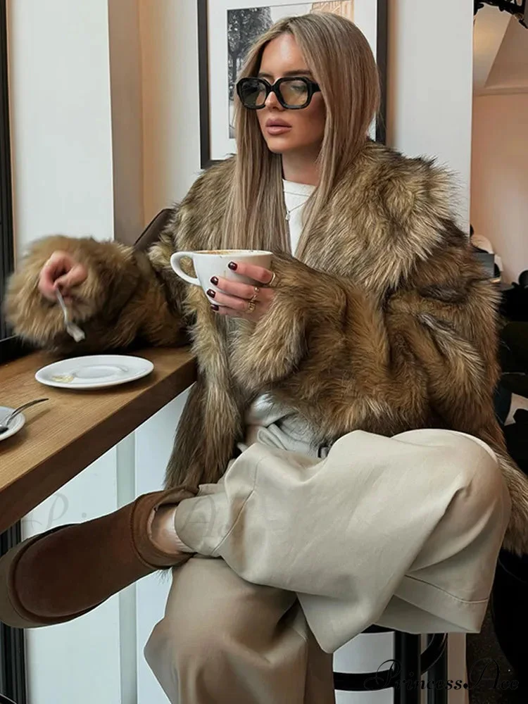 Brown Large Fluffy Lapel Coat - Image 2
