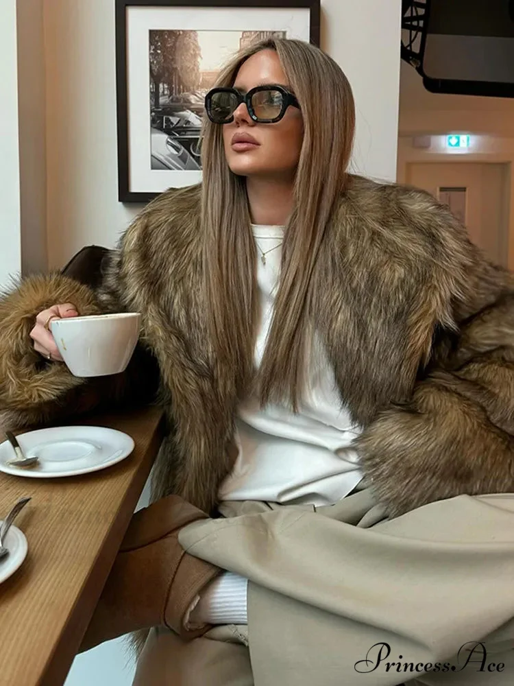 Brown Large Fluffy Lapel Coat - Image 3