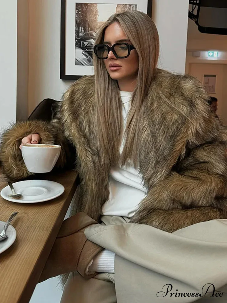 Brown Large Fluffy Lapel Coat - Image 4