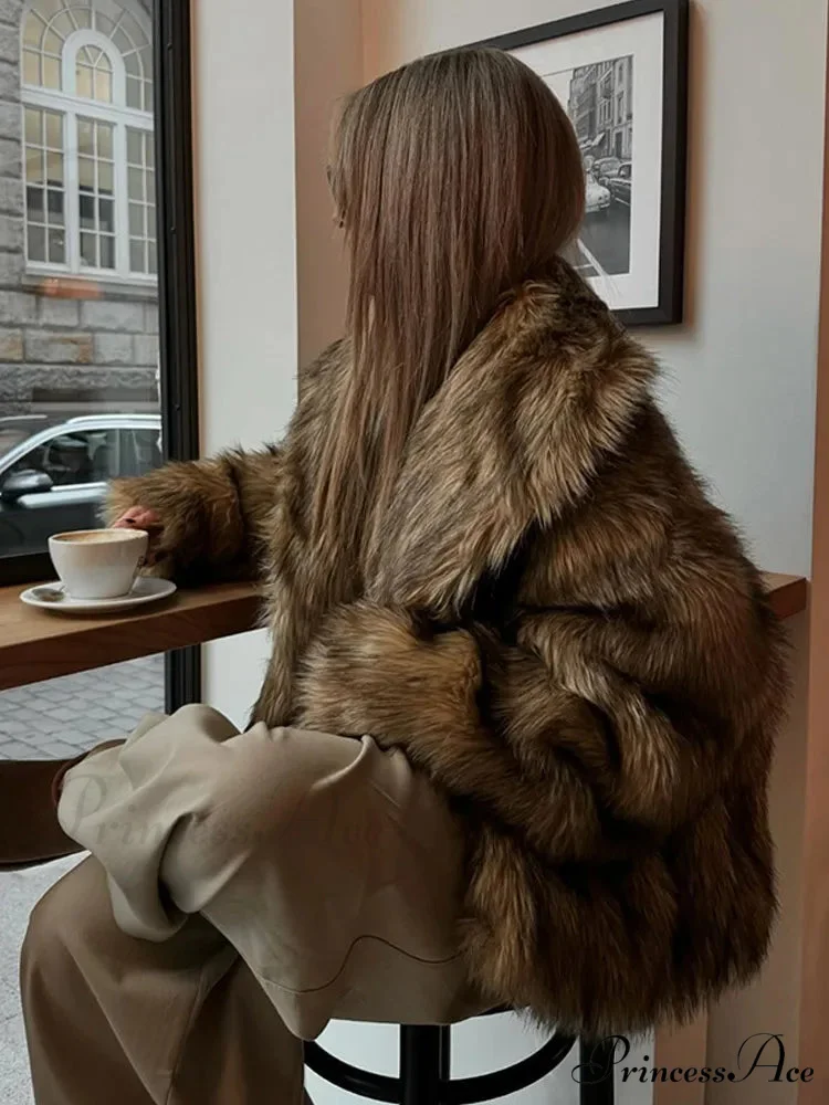 Brown Large Fluffy Lapel Coat - Image 5