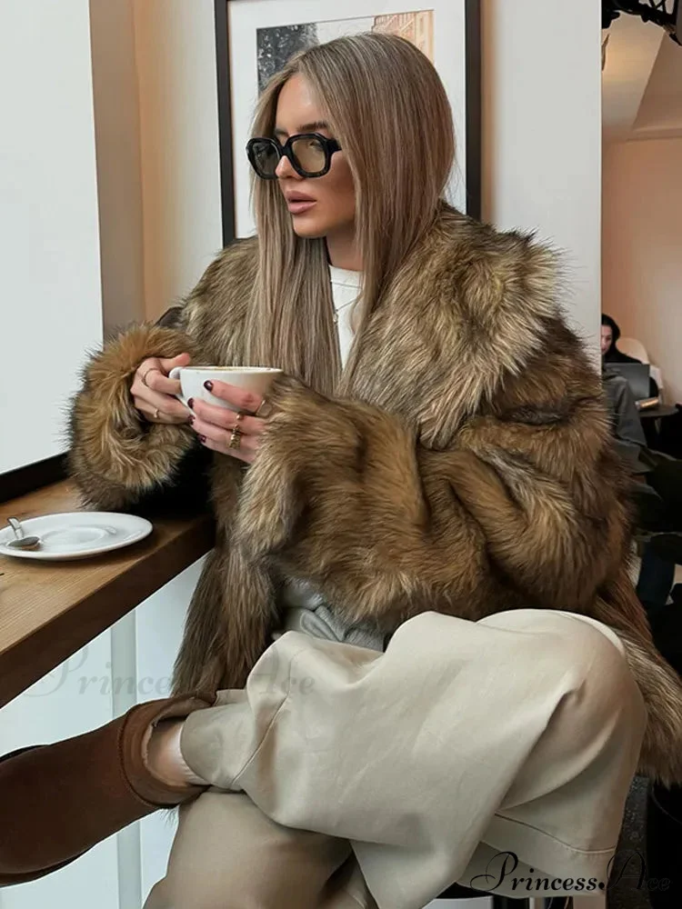 Brown Large Fluffy Lapel Coat - Image 6