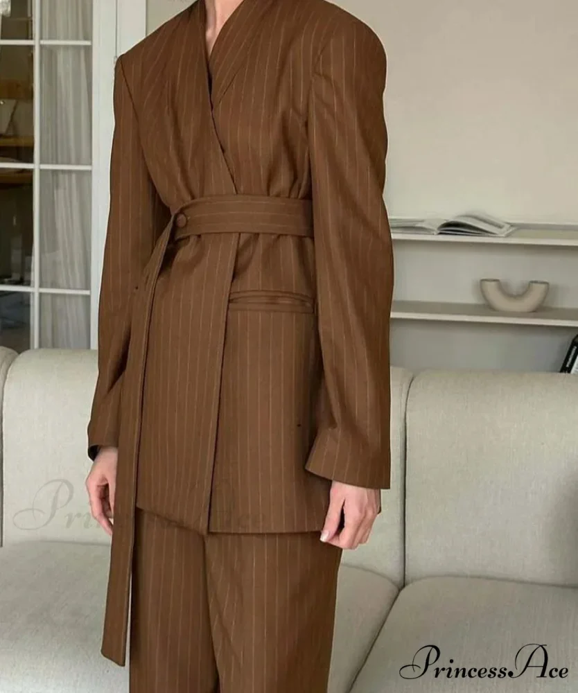Brown Printed V-Neck Lace-Up Trousers Office Two Piece Set - Image 2