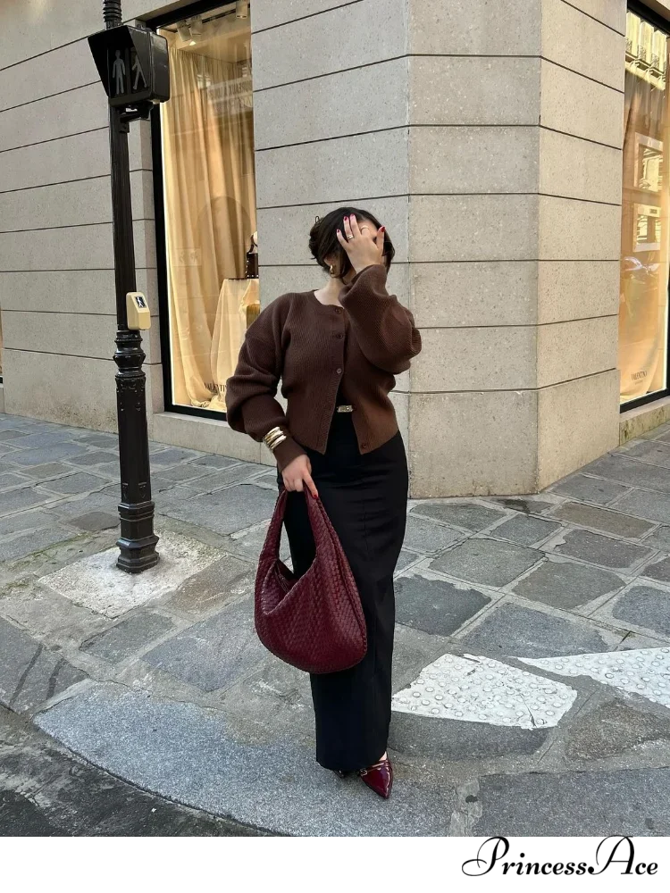 Brown Round Neck Baggy Cardigan - Image 2