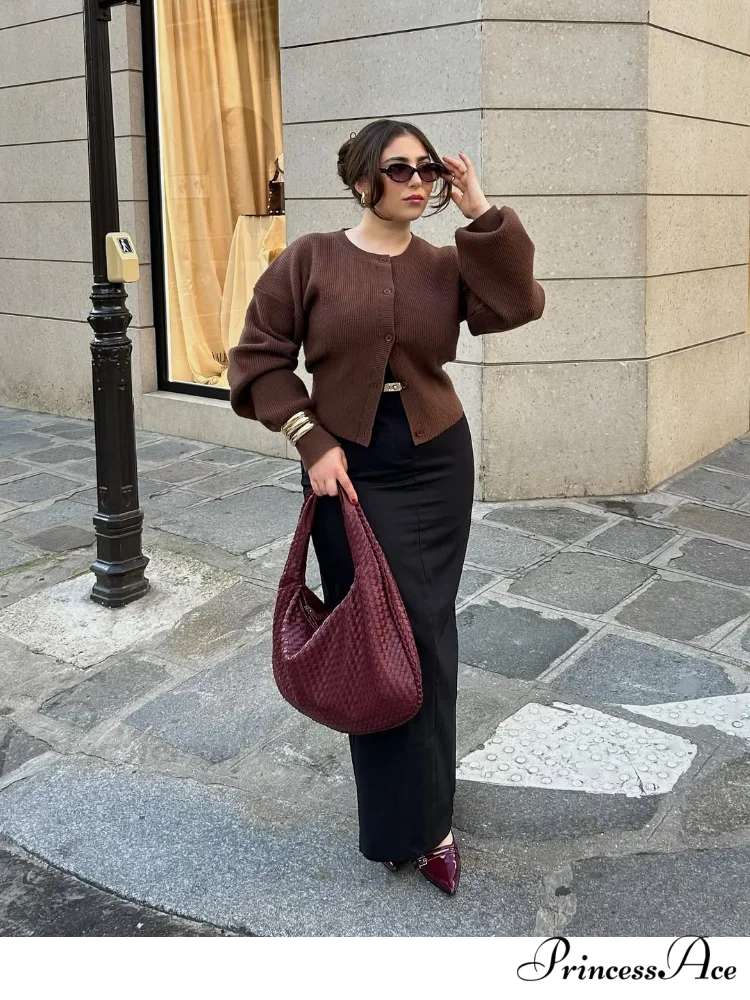 Brown Round Neck Baggy Cardigan - Image 3